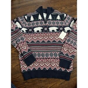 ASPEN Polar Bear Fair Isle 1/4 Zip Knit Christmas Sweater Large Red Blue White